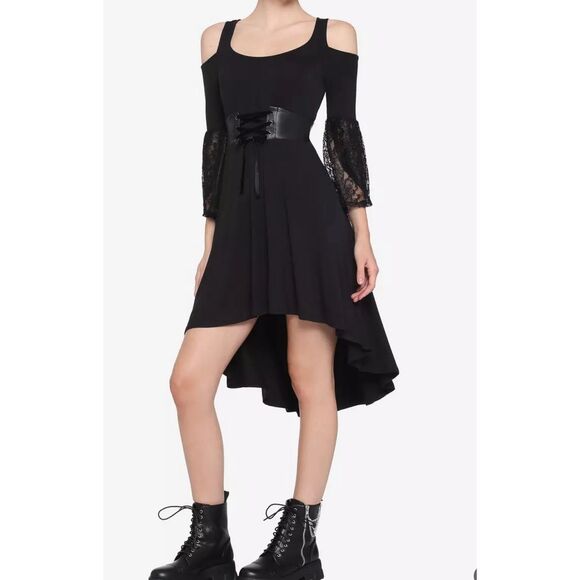 Hot Topic Black Lace Cold Shoulder Hi-Low Corset Dress Nwot Medium - Picture 8 of 8